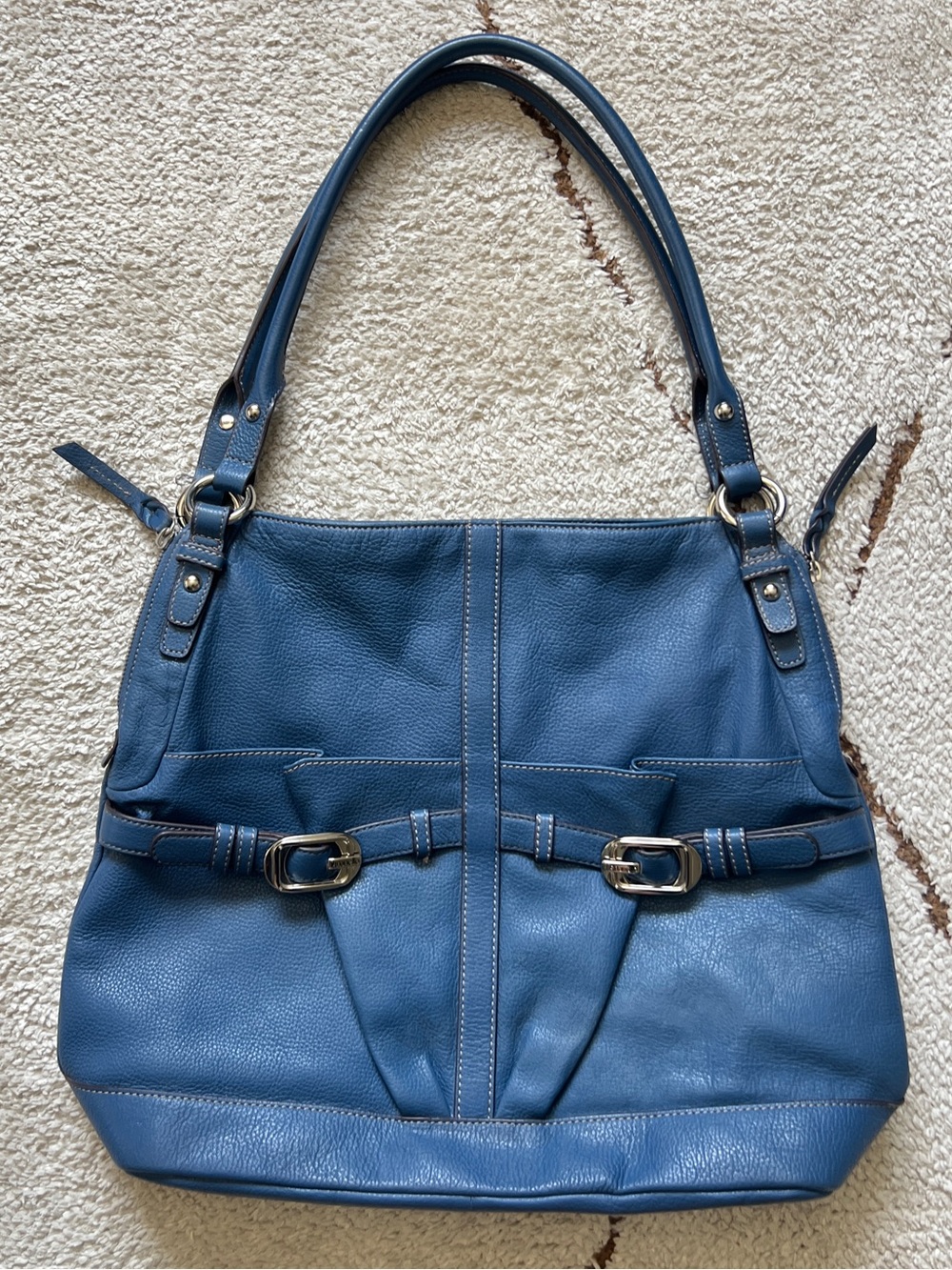 Tignanello Blue Pebbled Leather Oversized Hobo Shoulder Bag Silver Buckles Tote